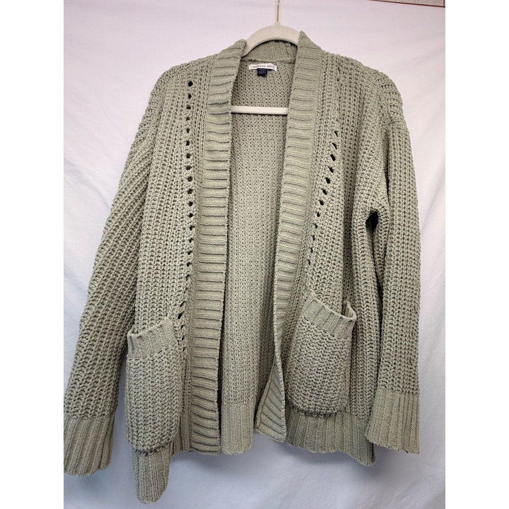 American Eagle Sage Green Open Front Cardigan Waffle Knit Sweater XS AEM120605U9